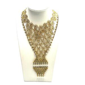 '60s NECKLACE STACK: Gold Geometric Pendant w/Pearls & Vendome Mesh Bib Pairing